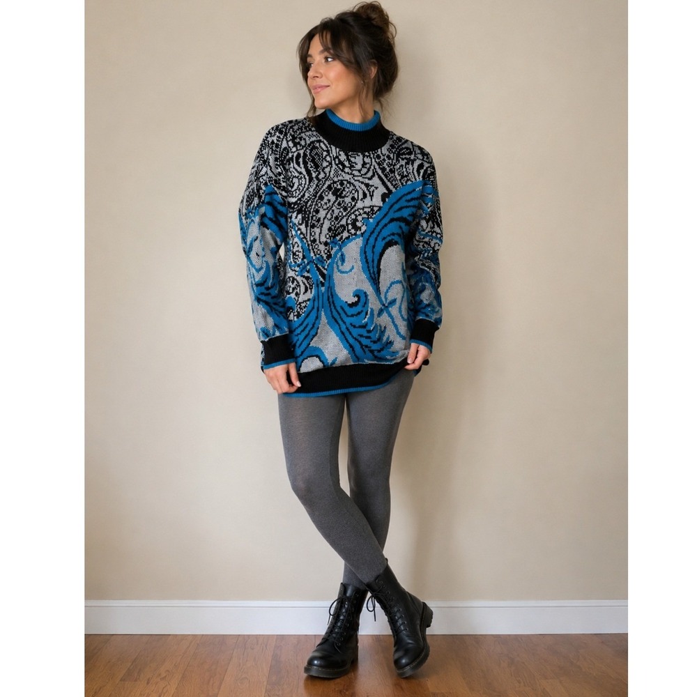 Vtg Fortune Knits Mock Neck Paisley Abstract Sweater Teal Black USA Made‎ Retro
